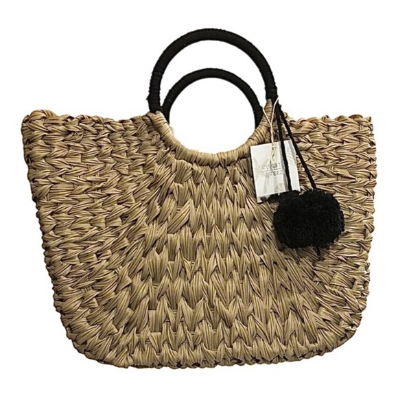 Wicker style straw basketweave black knit woven handle oversized‎ beach tote bag - Picture 1 of 15